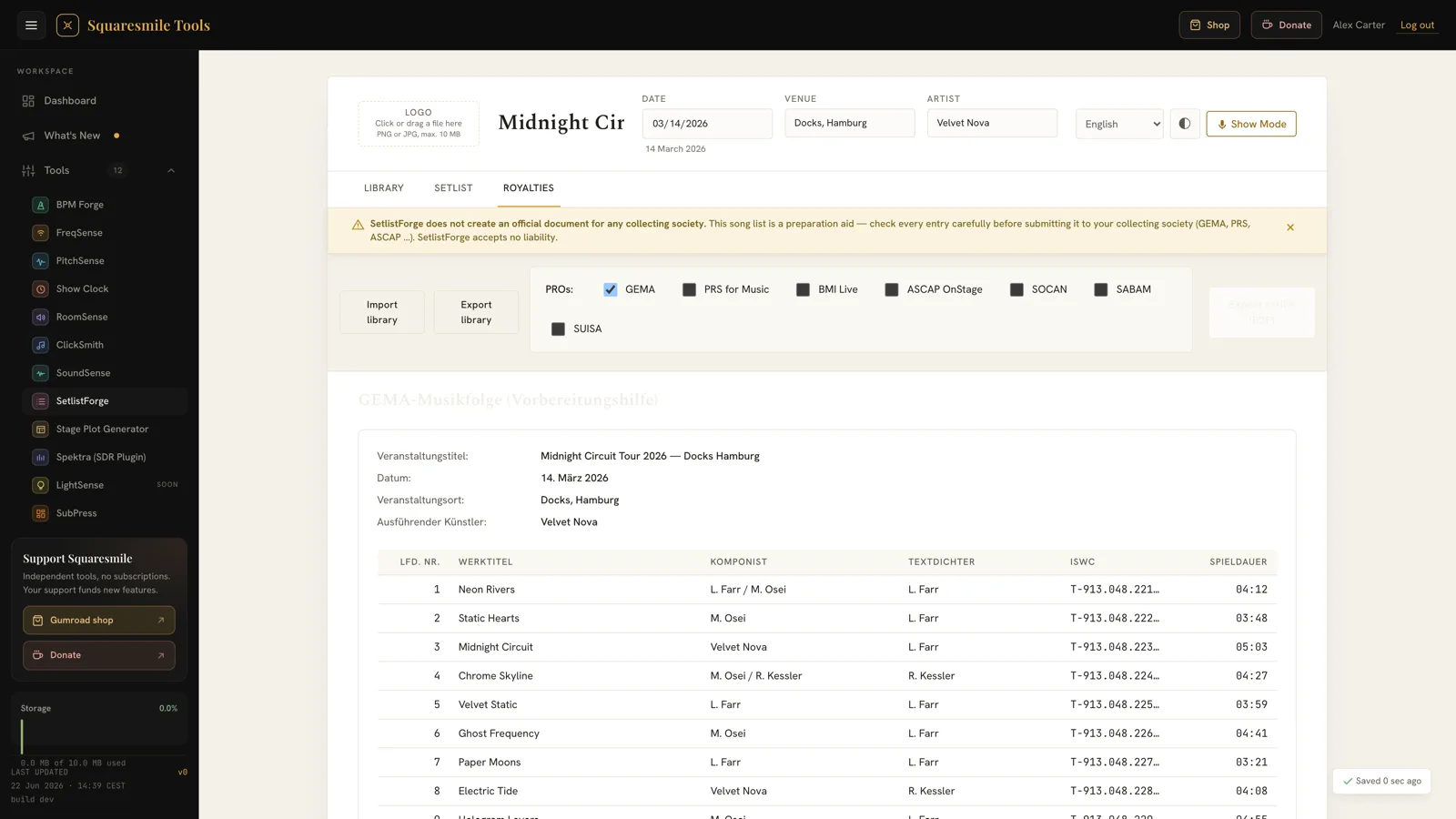 The Royalties tab in SetlistForge with GEMA selected from seven collecting societies, showing a GEMA-Musikfolge preparation sheet listing each performed song with composer, lyricist, ISWC number and duration.