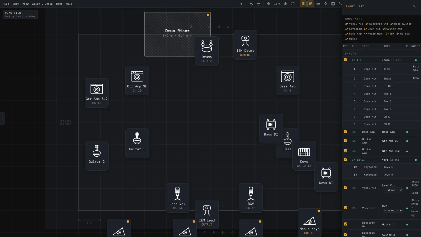 El mismo plano de escenario con el panel de la lista de canales abierto a la derecha: un recuento de equipo y después los canales 1–8 de la batería (bombo, caja, hi-hat, timbales, overheads con modelos de micro como Beta 52A y SM57), ampli de bajo, amplis de guitarra, teclados y micros de voz con desplegables de pies.