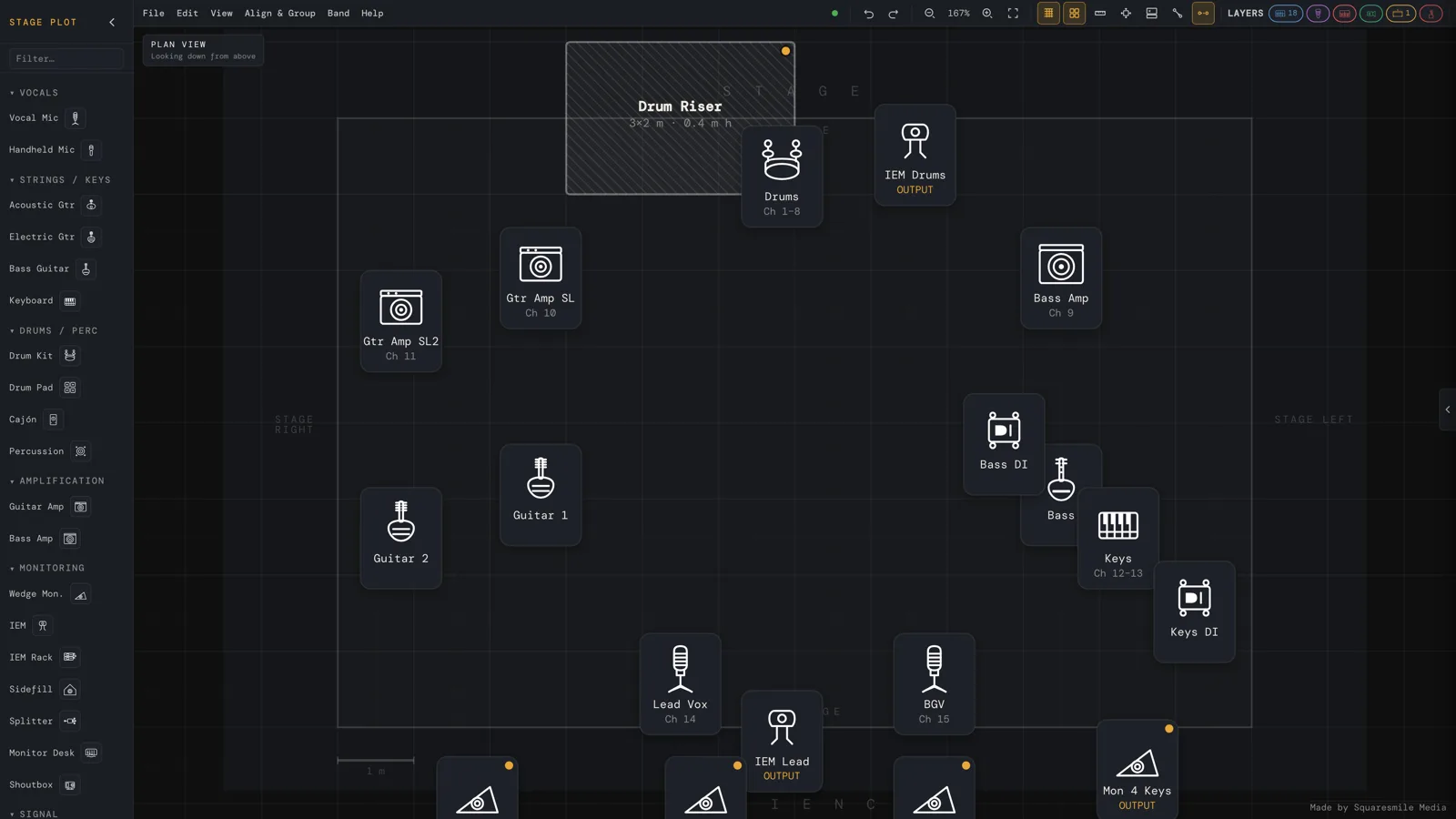 El lienzo de Stage Plot Generator en vista de planta con la biblioteca de elementos abierta a la izquierda — categorías de voces, cuerdas, batería, amplificación y monitores — y un escenario con cuadrícula métrica que contiene una tarima de batería de 3×2 m, amplis de guitarra y bajo, cajas DI, teclados, voz principal, cuñas y salidas IEM, cada uno etiquetado con su canal.
