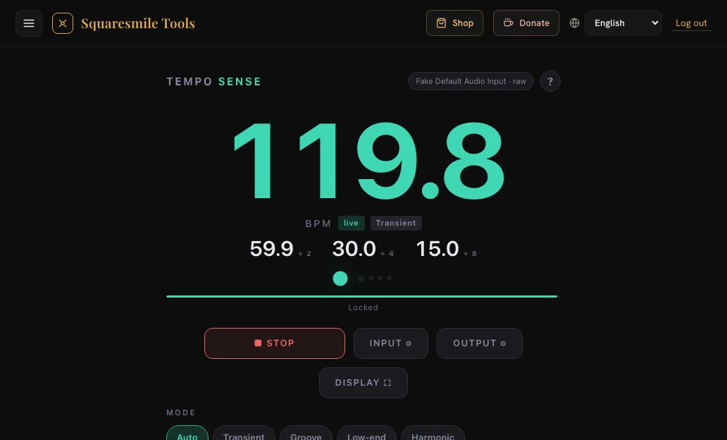 TempoSense enganchado a un groove de 120 BPM: el gran número, la fila ÷2 / ÷4 / ÷8 con 60, 30 y 15, los puntos de compás, las píldoras de modo y rango y la tabla de delay debajo.